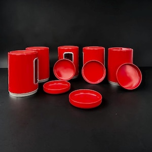 Set med 5 vintage röda Brabantia-burkar - metallförvaringsburkar - 1970-talet