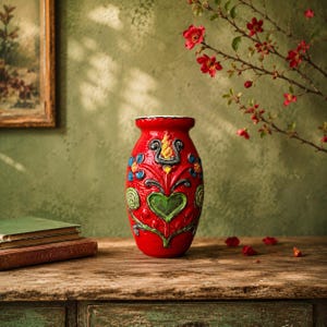 Peut inclure: Un vase en céramique rouge vif avec une finition brillante, orné de décorations en relief comprenant un cœur vert central, des fleurs bleues et des accents jaunes. Le vase présente un corps arrondi et un col évasé aux détails moulés.