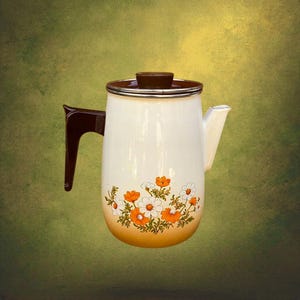 Caffettiera Aubecq in lamiera smaltata con decorazioni floreali arancioni - anni '70
