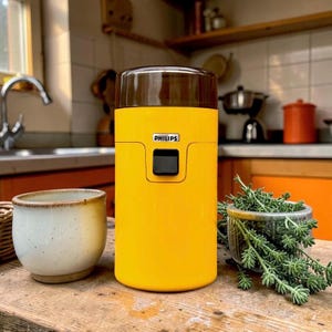 May include: A bright yellow Philips coffee grinder with a dark brown top. The grinder has a black control panel and the Philips logo. A ceramic mug and a small pot of herbs are in the foreground. The background shows a kitchen setting.