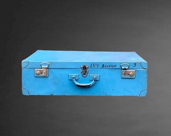 Large vintage blue metal suitcase, antique metal trunk