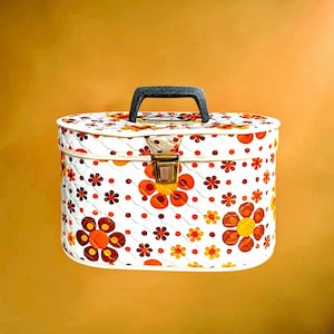 Vintage blommig orangebrun quiltad plast sminkbord - 1970-talet