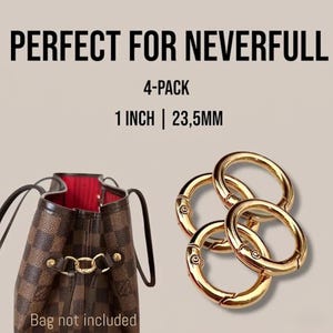 May include: Four gold-coloured, circular bag hardware clasps, each approximately 2.5 cm in diameter, are displayed. The image also shows a brown and tan checkered handbag with a red interior. Text reads "PERFECT FOR NEVERFULL" and "4-PACK".