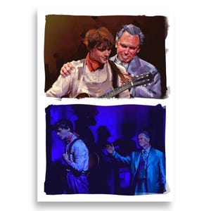 Pode incluir: Uma impressão emoldurada com duas cenas. A cena superior mostra dois homens, um com uma guitarra, abraçados. A cena inferior mostra um homem com uma guitarra e outro homem de terno gesticulando. Fundo escuro.