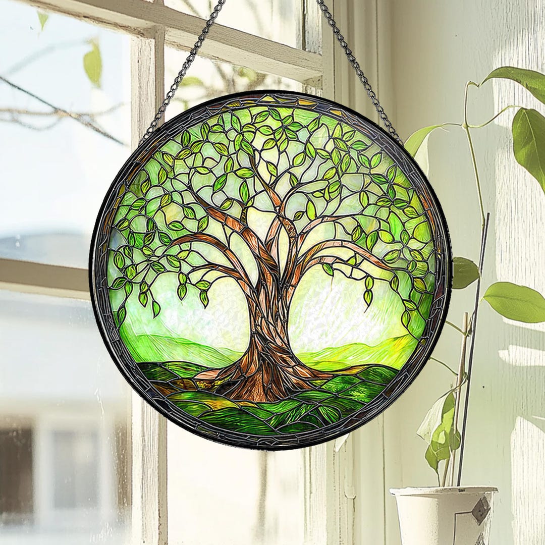 Stained Glass Tree of Life Suncatcher Green Nature Window Hanging ...
