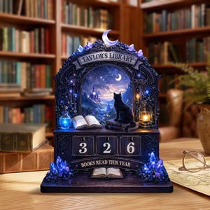 May include: A decorative, dark blue and black library-themed desk calendar with the text "Taylor's Library". It features a black cat, a night sky scene, and the numbers "326" with the text "Books Read This Year". Includes a crescent moon and crystal accents.