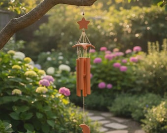 Bambu vindspel stjärna måne | Trädgårdsvindspel dekoration | Vindspel för uteplats | Boho trädgårdsdekor