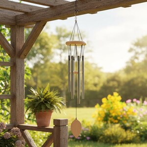 Wooden Leaf Wind Chime | Brushed Metal Tubes | Outdoor Garden Decor