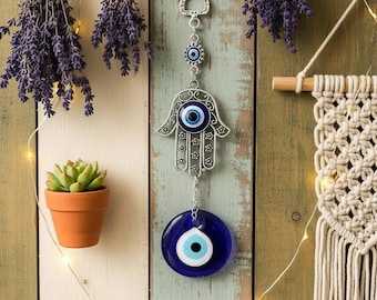Hamsahand boze oog | Zilverkleurige beschermingsbedel | Boho wanddecoratie