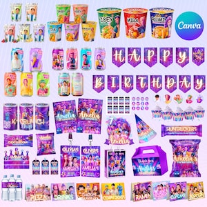 Könnte beinhalten: Eine Sammlung von Partyartikeln und Lebensmitteln, darunter Ramen, Limonade, Chips und Cupcakes. Es gibt auch Geburtstagsbanner, Partygeschenke und Wasserflaschen. Das Farbschema ist hauptsächlich lila und rosa, mit verschiedenen Charakterillustrationen.