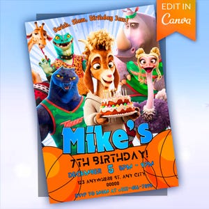 May include: A colorful birthday party invitation featuring cartoon animal characters. The invitation includes the text "Swish, Slam, Birthday Jam!" and "Mike's 7th Birthday!" with basketball graphics. The invitation is designed with a blue and orange color scheme.