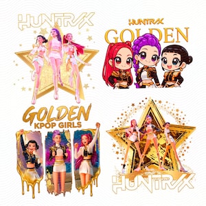 Puede incluir: Colección de arte digital con los textos "HUNTRAX" y "GOLDEN KPOP GIRLS". Las imágenes muestran ilustraciones estilizadas de tres figuras femeninas en varias poses, sobre una estrella dorada y con efectos dorados goteando.