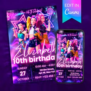 May include: A birthday party invitation featuring three animated figures with microphones, set against a neon purple and blue background. The invitation includes the text "Elizabeth 10th birthday" and event details.