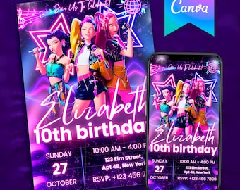 KPOP Girls Birthday invitation, k-pop theme party editable invite, birthday decor, Idol group printable invitation Canva