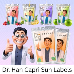 Puede incluir: Una colección de etiquetas de Capri Sun con ilustraciones de un médico y varios sabores de frutas. Las etiquetas incluyen "Berry Merry", "Lemon Zemon", "Grape Escape" y "Apple Mapple". El texto "Dr. Han Capri Sun Labels" está en la parte inferior.