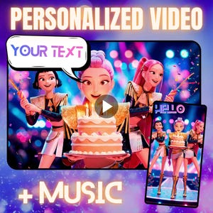 Puede incluir: Imagen promocional para un servicio de video personalizado. La imagen presenta personajes animados, una tarta de cumpleaños y el texto "PERSONALIZED VIDEO", "YOUR TEXT", "+ MUSIC" y "HELLO". El video se muestra en un teléfono y una pantalla más grande.