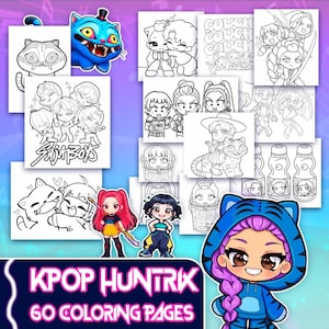 Puede incluir: Un conjunto de 60 páginas para colorear con temática K-Pop. Las páginas presentan ilustraciones de dibujos animados de varios personajes. El texto "KPOP HUNTRIX" y "60 COLORING PAGES" se muestra en la parte inferior. La paleta de colores es en blanco y negro.
