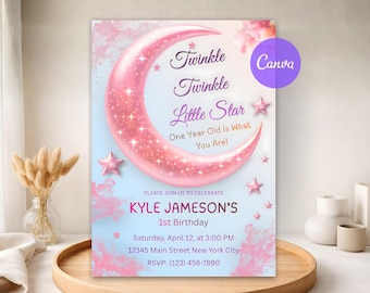 Editable Glittery Twinkle Twinkle Little Star Birthday Invitation – Pink Moon, Stars, Clouds Theme Bday – Printable Kids 1st Birthday Party