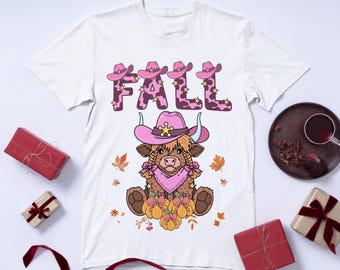 Fall Highland Cow PNG, Cowgirl Western Pink Bow Autumn Pumpkin Sublimation Design, Cozy Fall Cow Clipart, Digital Download