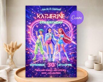 Editable K-pop Demon Hunter Girls 5th Birthday Invitation - Neon Heart Glow Theme - Printable Birthday Canva Template - Kids Party Invite