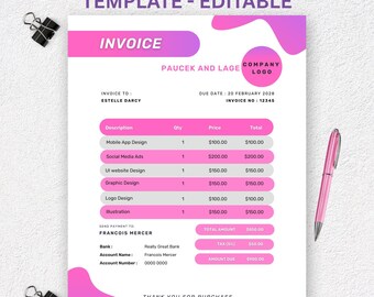Pink Minimalist Invoice Template – Editable Canva Design (A4 & US Letter) (Digital Download)