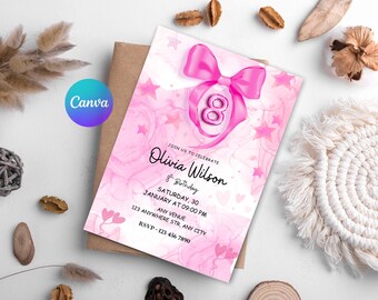 Pink Watercolor Bow Birthday Invitation Template, Editable Trendy Girly Coquette Pink 8th Bday Canva Invite, Printable Kids Birthday Party