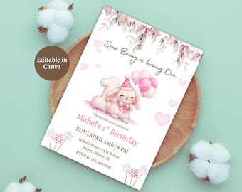 Some Bunny is One: Coquette Pink Bow First Birthday Invitation, Rabbit Theme Editable Template, Printable Birthday Party, Digital Download