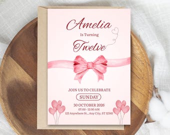 Coquette Pink Bow Birthday Invitation, Sweet Twelve Bday Invite Template, Canva Printable Girl Trendy Bow Theme Kids 12th Party