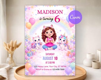 Gabbys Birthday Invitation, Gabby & Unicorn Rainbow Party Invite for Girls, Printable Digital Invite, Gabby’s Canva Editable Template