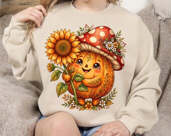 Whimsical Pumpkin PNG, Cute Mushroom Sunflower Clipart, Autumn Fall Digital Download, Sublimation Design