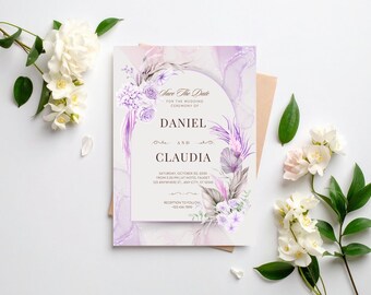 Modren Purple Floral Wedding Invitation Template, Editable Save The Date Card, Elegant Pastel Marble Printable Invite, Edit In Canva