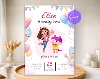 Gabbys Dollhouse Birthday Invitation, Editable Gabby With Balloons Digital Invite, Gabby Girl Printable Template, Canva Instant Download
