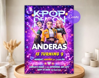 K-pop Demon Hunters Birthday Invitation - Huntrix Neon Purple - Printable Birthday Invite - Editable Canva Template (Instant Download)