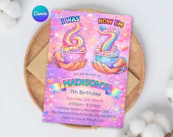 Ice Cream Six Seven Birthday Invitation, 6-7 Meme Invite, Boy Girl Sweet Birthday, Rainbow 7th Party, Editable Printable, Canva Template