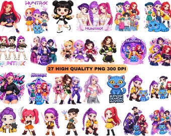 K-Pop Chibi Clip art PNG Bundle, 27 KPop Huntrix Fan Art PNGs, Printable Kpop Demon Hunters Clipart, Saja Girls Boys Clipart, KPop Idol Art