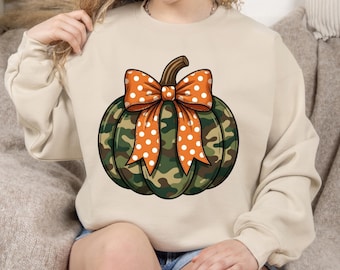 Camo Pumpkin PNG, Coquette Polka Dot Bow Design, Sublimation Digital Download for Sweatshirts & Autumn Gift
