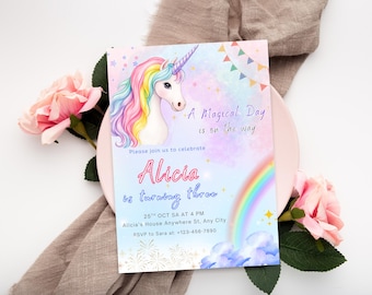 Unicorn Birthday Invitation Template Editable, Pastel Rainbow Theme Girls Party Invite, Printable 3rd Kids Birthday, Canva Digital Download