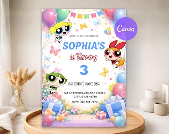 Powerpuff Girls 3rd Birthday Invitation | Cartoon Balloons Giftbox Template | Printable Princess Party Invite | Edit & Download Instant
