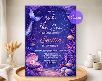 Editable Mermaid Birthday Invitation Digital, Under the Sea 8th Party Invite, Mermaid Bash For Girls, Printable Birthday Canva Template