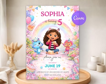 Gabbys Dollhouse Birthday Invitation Template, Editable Gabby Kids Party Invite, Printable Digital Canva Girl Birthday, Instant Download