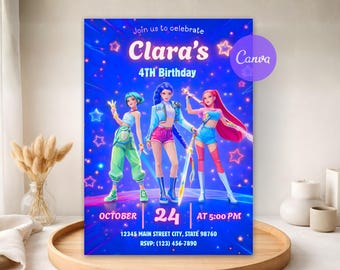 Huntrix 4th Birthday Invitation Digital - K-pop Anime Girls Neon Heart Theme - Printable Birthday Party Invite - Instant Download