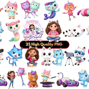Gabby's Dollhouse PNG Clipart Bundle, 25 Printable Files For Shirts and Mugs, Kitty Fairy, Pandy Paws, Cat, DJ Catnip, Gabby Birthday