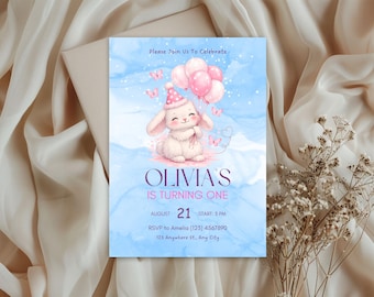Some Bunny is One Rabbit First Birthday Invitation, Editable Canva Invite, Printable Birthday Party Template, Blue, Digital Download
