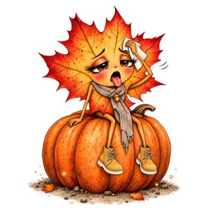 May include: A cartoon character with a maple leaf head, wearing a grey scarf and tan boots, sits on a large orange pumpkin. The character has a tired expression, tongue sticking out, and holds a white cloth to its forehead, with red and orange leaf points.
