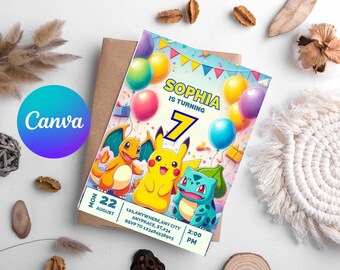 Pokemon Birthday Party Invitation, Pokemon Siblings Invite, Kids Card Template, Printable Digital Download, Pikachu Bday Invitation