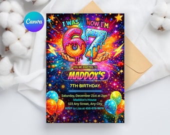 Six Seven Birthday Invitation, I Was 6 Now I’m 7, Donut Ice Cream Theme Party Invite, Boys 7th Birthday Invite, Printable Canva Template
