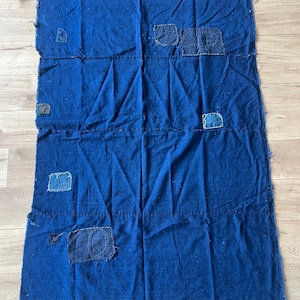 Op de afbeelding: Een rechthoekig stuk donkerblauwe stof met een grove geweven textuur. Het textiel is opgebouwd uit meerdere samengevoegde panelen en vertoont diverse zichtbare lapjes in verschillende blauwtinten, die met rafelige randen op het oppervlak zijn genaaid.