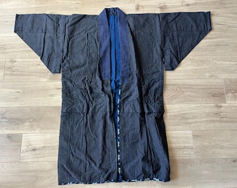 Jaqueta noragi vintage japonesa listrada tingida de índigo