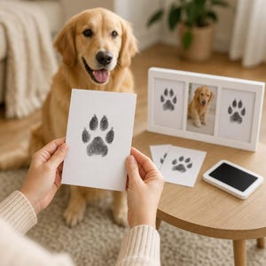 Puede incluir: Una tarjeta blanca con una huella de pata en tinta negra sostenida frente a un golden retriever. Un marco triple blanco muestra dos huellas y una foto del perro, junto a una pequeña almohadilla de tinta negra sobre una mesa redonda de madera.