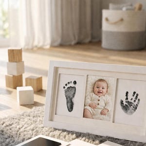 Könnte beinhalten: Ein weißer, rechteckiger Bilderrahmen mit drei Fächern, der links einen schwarzen Tinten-Fußabdruck, in der Mitte ein Foto eines lächelnden Babys in cremefarbener Strickkleidung und rechts einen schwarzen Tinten-Handabdruck enthält.